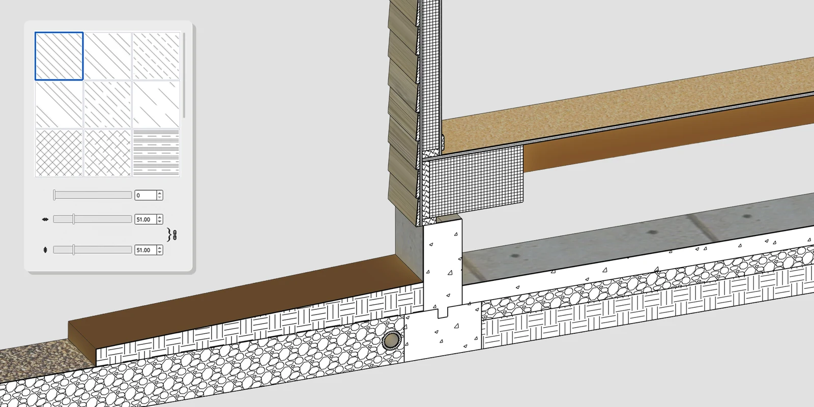 SketchUp 2027: wat is nieuw en wat betekent het voor jou? 2 Bouwkundige doorsnede in SketchUp 2027 met verschillende arceringen voor de wand, vloer en fundering