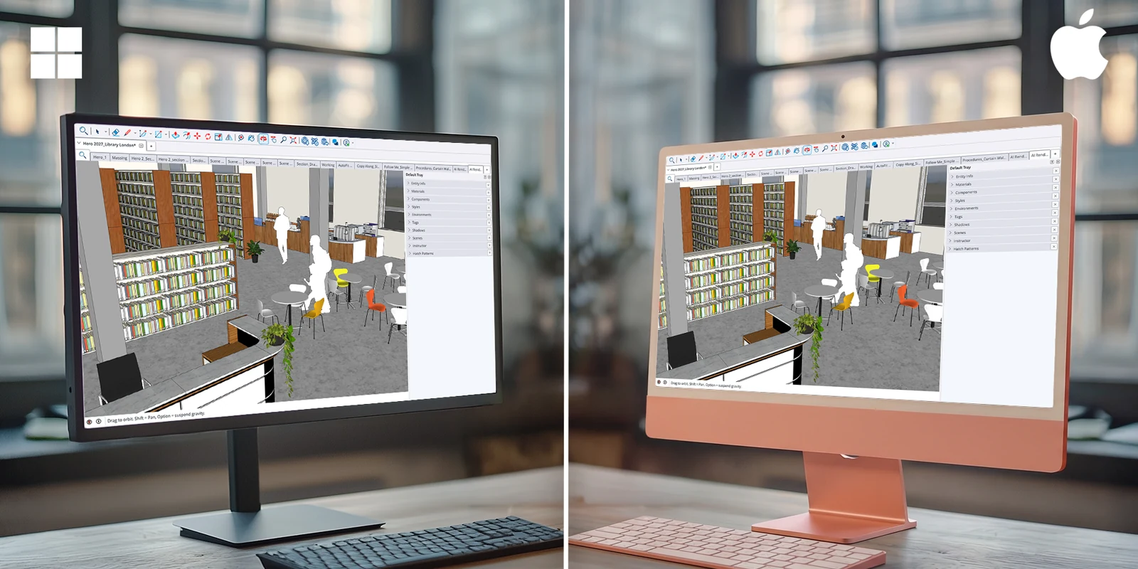 SketchUp 2027: wat is nieuw en wat betekent het voor jou? 3 SketchUp 2027 op een Windows-scherm en een iMac met dezelfde indeling van werkbalken en panelen