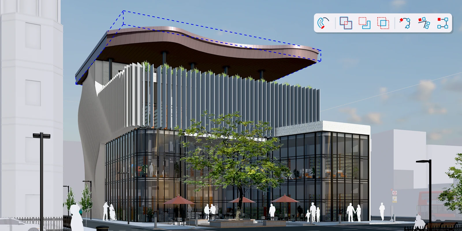 Architectuurmodel in SketchUp 2027 met een golvend dak en de werkbalk voor procedureel modelleren