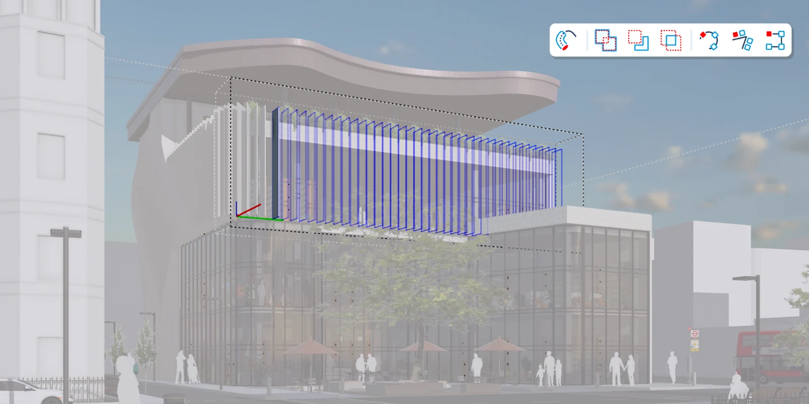 SketchUp 2027: wat is nieuw en wat betekent het voor jou? 1 SketchUp 2027 met geselecteerde procedurele gevelonderdelen in een architectuurmodel