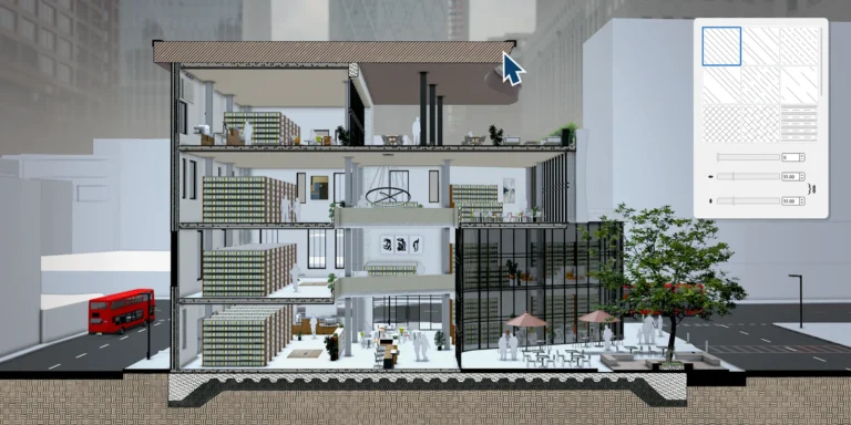 SketchUp LayOut 2027: wat betekenen de nieuwe functies voor jouw tekenwerk? 1 Doorsnede van een gebouw met meerdere verdiepingen en materiaal-arceringen in SketchUp 2027