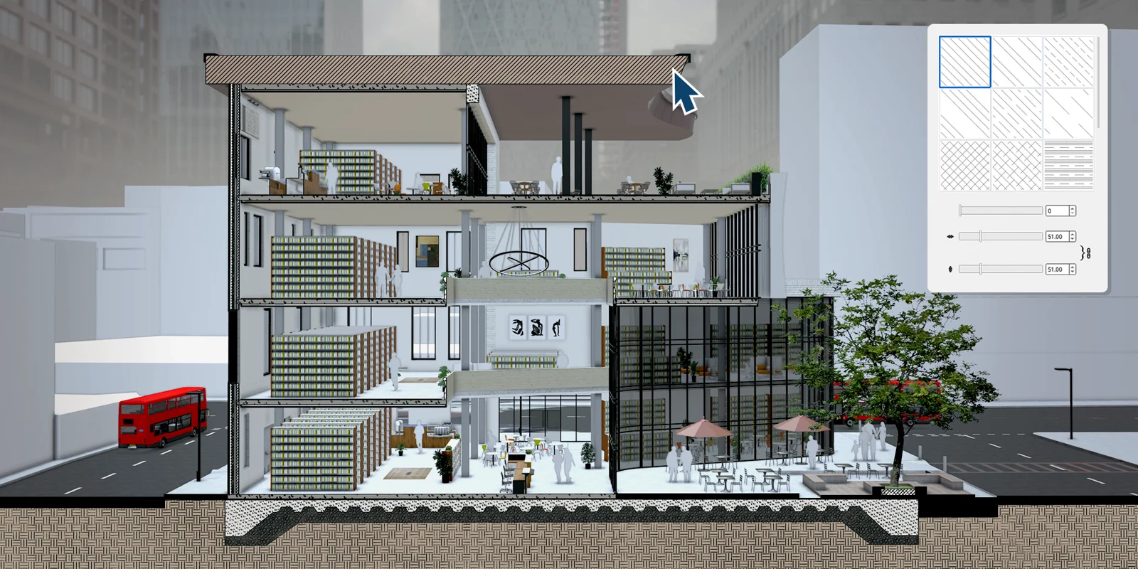 SketchUp LayOut 2027: wat betekenen de nieuwe functies voor jouw tekenwerk? 1 Doorsnede van een gebouw met meerdere verdiepingen en materiaal-arceringen in SketchUp 2027