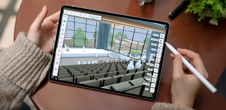 Welk programma voor 3D tekenen past bij jouw project? 1 Gebruiker bekijkt met een stylus een SketchUp model van een auditorium op een iPad