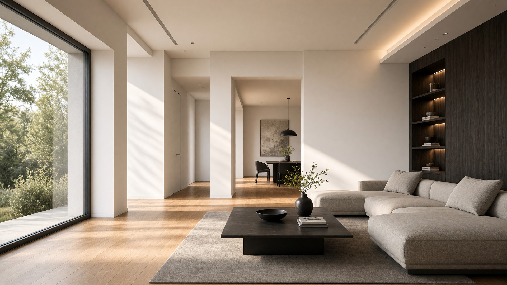 Lichte woonkamer met een grijze hoekbank, houten vloer en daglicht door een groot raam, uit het Veras marketingmateriaal.