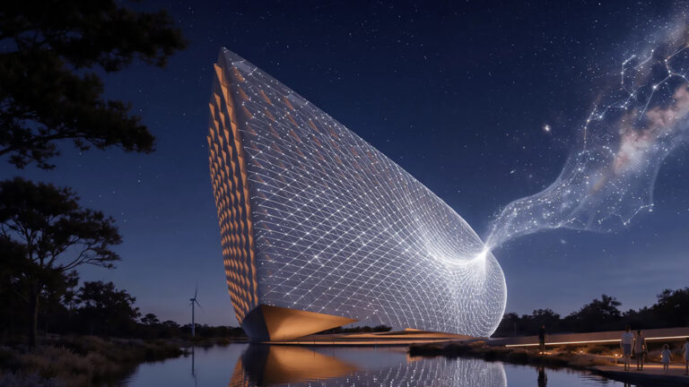 Conceptbeeld van een gebogen gebouw aan het water onder een sterrenhemel, met een lichtgevend netwerk over de gevel.
